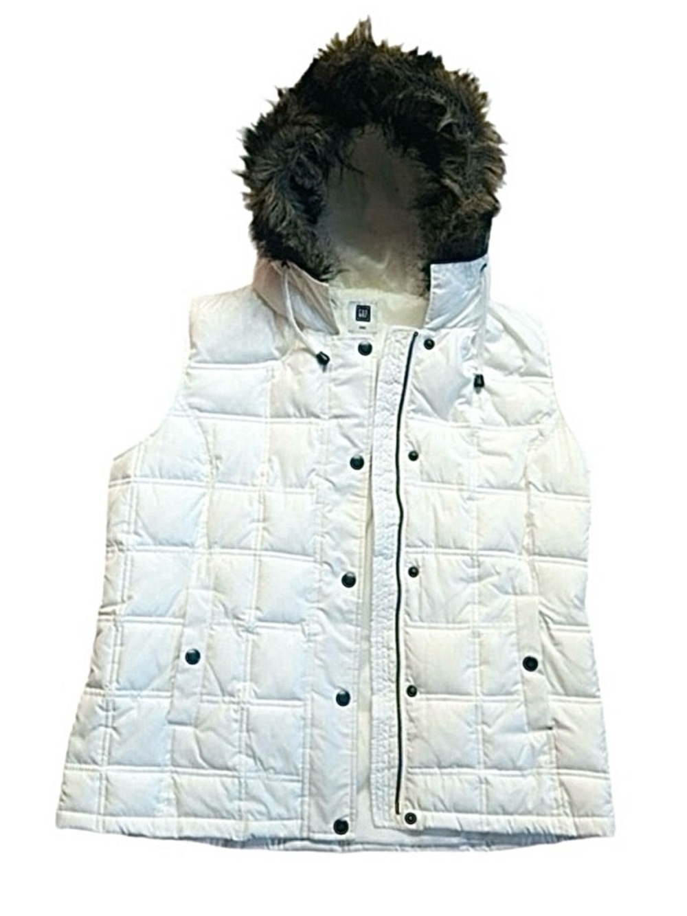 #24 GAP ~ True White Quilted Puffer Vest with Faux Fur Hood Zip and Snap Closure